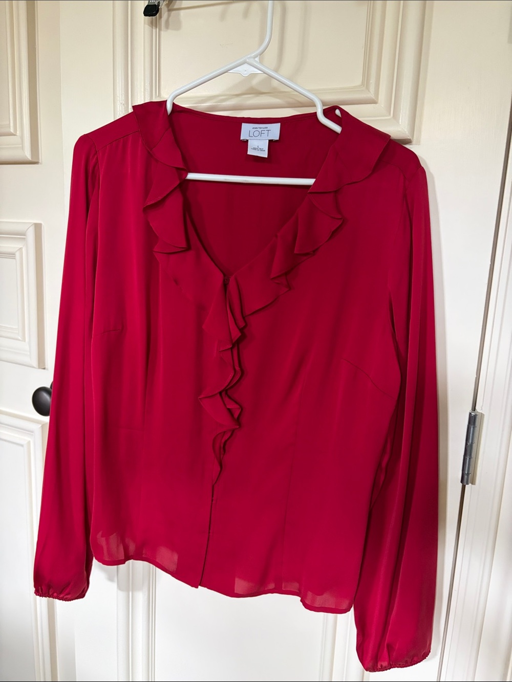 LOFT Red silk Ruffle V-Neck Blouse